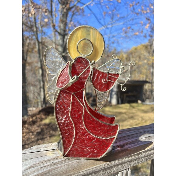 VTG Handmade Red Stained Glass & Metal Standing Angel With Harp Mirror Bottom - Picture 1 of 6